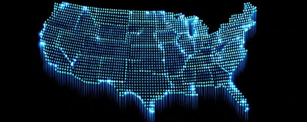 A digital representation of the United States map, highlighted with blue dots against a black background, suggesting a technological theme.