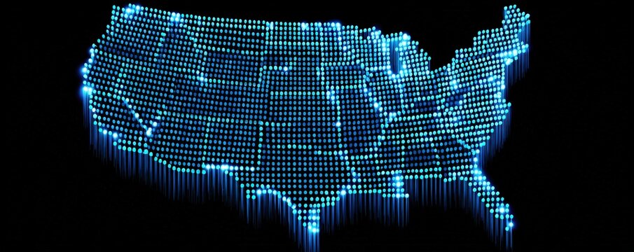 A digital representation of the United States map, highlighted with blue dots against a black background, suggesting a technological theme. - Powered by Adobe