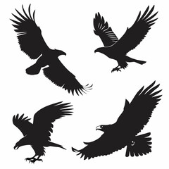 Four dynamic eagle silhouettes, capturing the essence of these powerful birds in various stages of flight, rendered in stark black and white for a bold visual impact