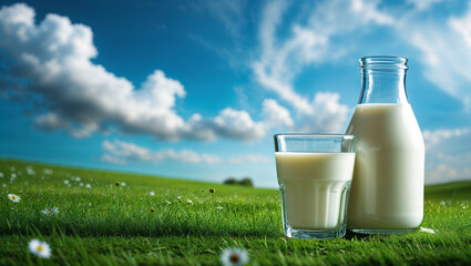 Fresh farm milk in bottle and glass on green meadow background representing health and wellness