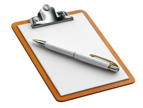 Clipboard with Pen: A close-up view of a wooden clipboard, holding a blank sheet of paper, accompanied by an elegant pen, representing readiness for tasks or the inception of a new idea.