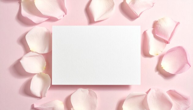 Blank white card surrounded by scattered pink rose petals—soft lighting and romantic setup—evokes crafted intimacy, symbolic invitation, and the rhythm of affection, memory, and gentle expression. - Powered by Adobe