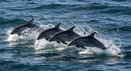 Fototapeta premium Group of Dolphins Jumping and Splashing in the Ocean Creating Dynamic Motion and Energy Scene