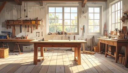 Sunlit woodworking workshop with rustic walls, sturdy benches, and tools neatly arranged—evokes crafted precision, symbolic craftsmanship, and the rhythm of tradition, focus, and tactile creation.