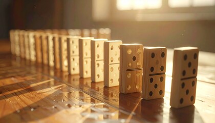 Dominoes aligned on wooden surface in warm sunlight—poised for chain reaction—evokes crafted tension, symbolic causality, and the rhythm of momentum, sequence, and quiet anticipation.