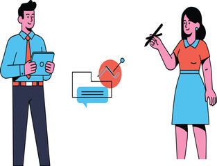 Business team discussing project, man holding tablet, woman presenting idea, teamwork, data analysis, office communication, strategy planning, workplace collaboration