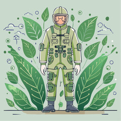 Researcher in Biodegradable AI Suit Surrounded by Jungle Foliage A Flat Illustration