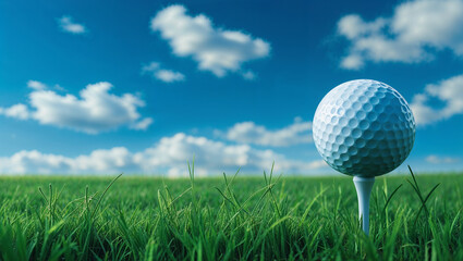 Golf ball on tee with green grass and clear blue sky perfect for sport and leisure concept