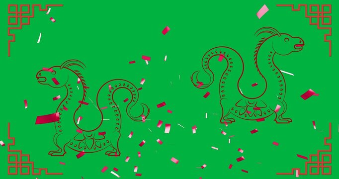 Animation of dragon signs and confetti with chinese pattern on transparent background