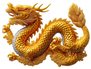 Fototapeta premium Golden Dragon: A majestic golden dragon, symbolizing power and good fortune, poses in front of the viewer. Capturing intricate details and representing the rich cultural heritage.