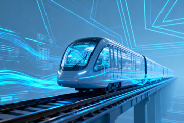 Naklejka premium Futuristic high-speed train on elevated track with digital blue energy effects