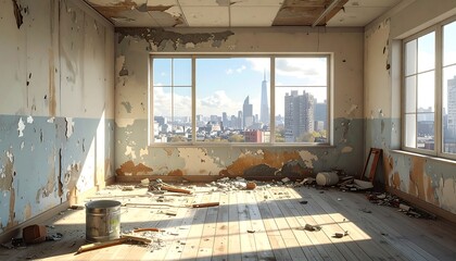Derelict room with city view, sunlight streams in, highlighting debris and peeling paint