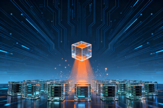 Digital data center with glowing server racks and a floating illuminated cube in a futuristic technological environment