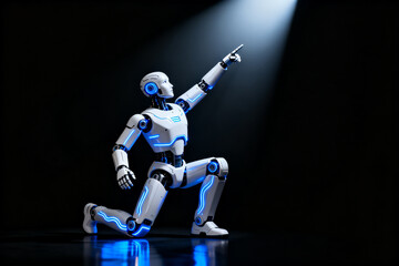 Humanoid robot in dynamic pose with glowing blue accents under spotlight