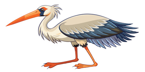 Cartoon White Stork with Orange Beak Standing isolated on White Background