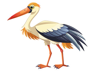 Cartoon Stork with a Long Orange Beak Standing on White Background
