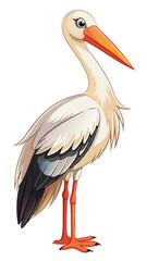 Obraz premium Stylized stork standing with neutral expression and orange beak on white background