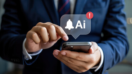 Businessman checking critical AI notifications on smartphone for important business alerts now