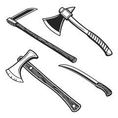 Collection of vintage hand tools this vector set includes axes, a scythe, and a machete, representing craftsmanship and historical equipment