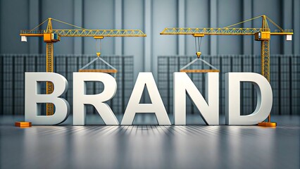 Creative brand building concept with cranes lifting letters in modern business strategy design
