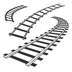 Railway track vector set featuring various curved and straight track segments, ideal for illustrating transportation, train routes, and infrastructure projects