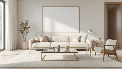 Elegant Scandinavian living room interior featuring large white wall frame, soft natural lighting, warm wooden textures, minimalist decor, and cozy modern atmosphere.