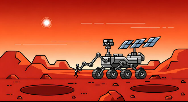 Exploration of the Red Planet A Mars Rover Investigating the Surface with Solar Panels in a Futuristic Landscape