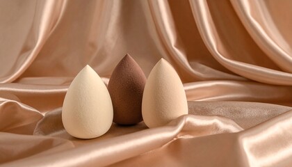Three cosmetic makeup sponges in various nude shades resting on a luxurious draped satin fabric.