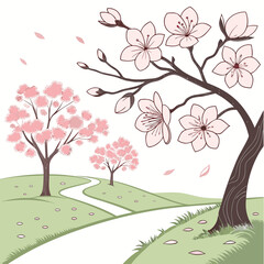 A serene landscape featuring a winding path through rolling green hills adorned with blossoming cherry trees, , evoking a sense of tranquility and natural beauty