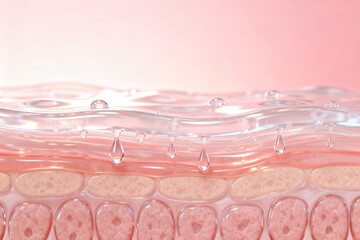 Microscopic view of skin layers with moisture droplets on surface