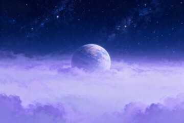 A celestial planet rising above a sea of purple clouds under a star-filled night sky
