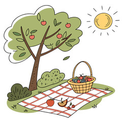 A delightful picnic scene unfolds with a basket of fresh fruits and treats spread on a checkered blanket under the shade of an apple tree, bathed in the warm glow of the sun