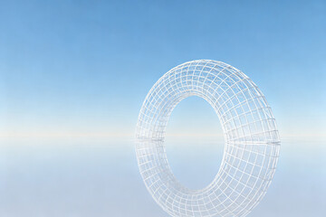 Wireframe torus structure floating above reflective surface under clear sky