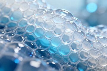 Close-up of translucent soap bubbles with blue reflections and hexagonal patterns
