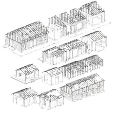 An intricate architectural illustration showcases various residential building structures in different stages of construction, highlighting framing and roof designs.