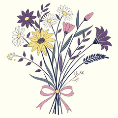 A beautiful bouquet of wildflowers featuring daisies, sunflowers, and other blooms in a delightful mix of colors, tied with a delicate pink ribbon