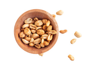 flat lay of peanuts in a wooden bowl isolated on transparent background