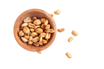 flat lay of peanuts in a wooden bowl isolated on transparent background