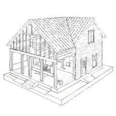 Architectural line drawing illustrates a residential house with a cutaway view, clearly revealing its intricate internal wooden framing and essential structural components.