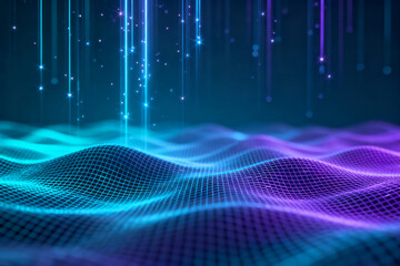 Abstract digital landscape with glowing waves and vertical light streams in blue and purple hues