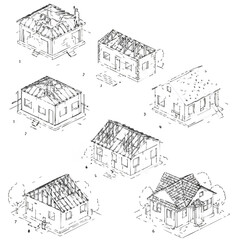 An intricate series of architectural line drawings illustrates the comprehensive step-by-step construction process of a residential house, from initial framing to completion.