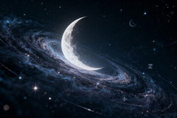 Crescent moon surrounded by a swirling galaxy in deep space with stars and cosmic dust