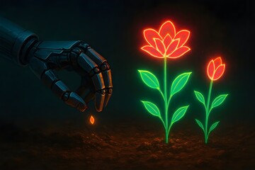 "Robotic Hand Planting Glowing Futuristic Digital Flowers"