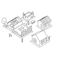 An intricate isometric architectural blueprint illustrates the detailed construction process of a residential building, showcasing its structural elements and design.