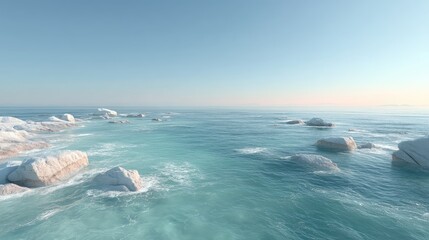Fototapeta premium Tranquil Blue Ocean Horizon with Calm Sky and Cinematic HDR Seascape featuring Rocky Outcrops Under Bright Sunlight and Reflected Light on Water Surface