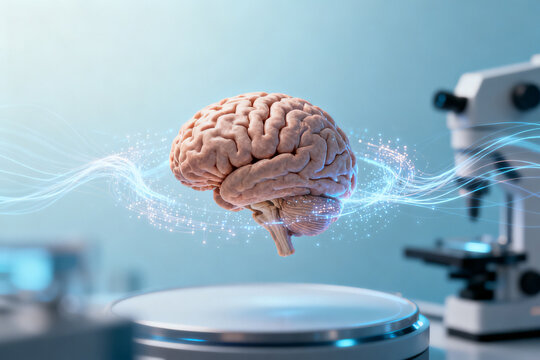 Floating human brain with digital energy waves in a laboratory setting