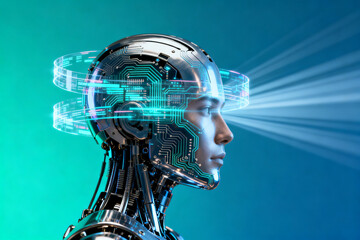 Cyborg with glowing circuitry and holographic interface, showcasing advanced artificial intelligence and neural technology