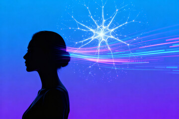 Silhouette of a woman with a glowing neural network and light trails emanating from her head against a gradient blue and purple background
