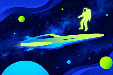 Astronaut floating above a futuristic spacecraft in outer space with colorful planets and stars