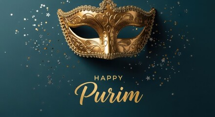 Golden masquerade mask and festive text for happy purim celebration illustration